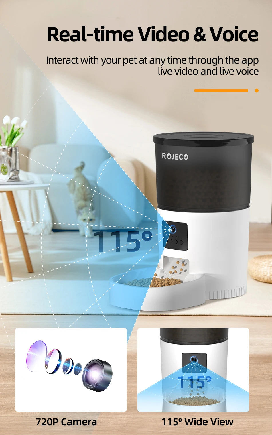 ROJECO Automatic Cat Feeder With Camera and voice