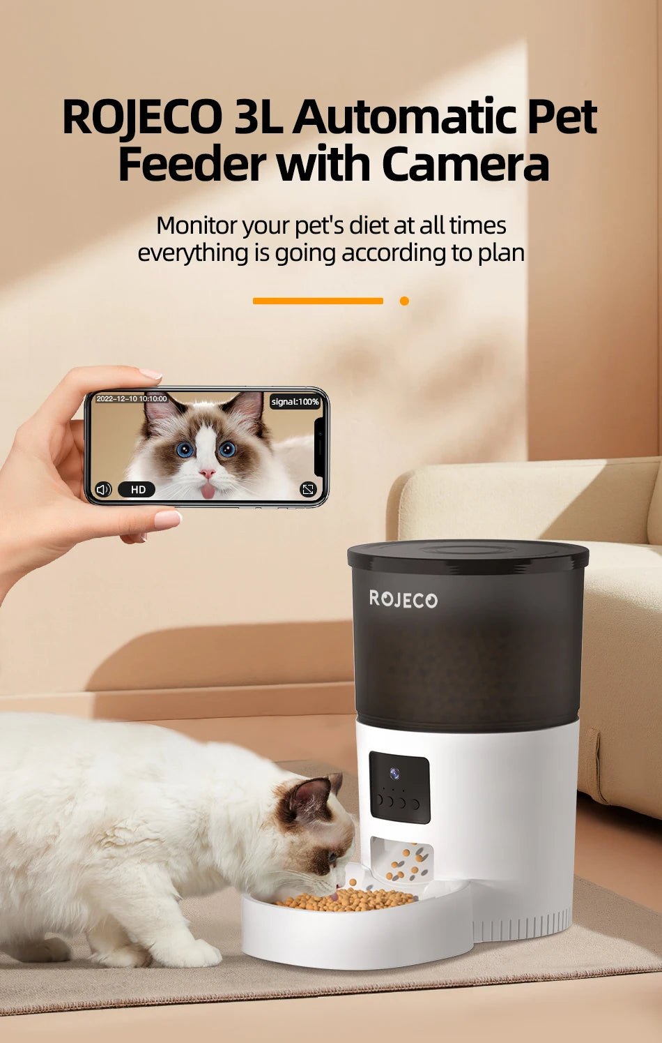 ROJECO Automatic Cat Feeder With Camera and voice
